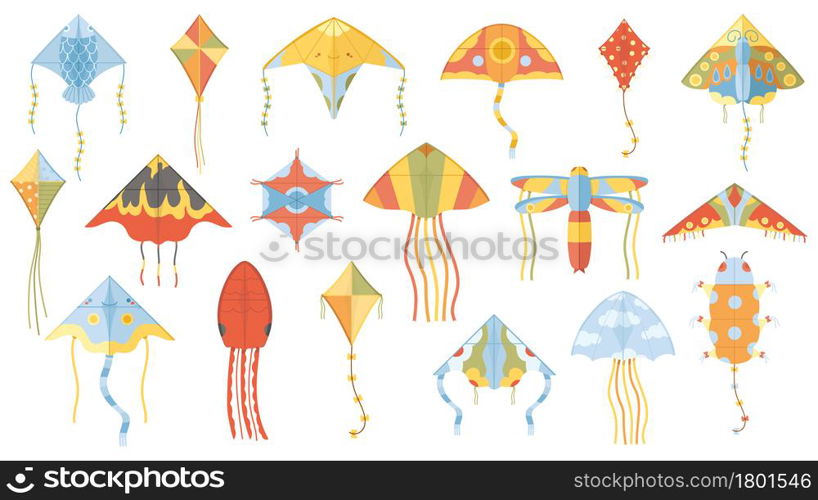 Cartoon summer outdoor activity flying paper kites. Children kite games paper toy isolated vector illustration set. Wind flying kids kite toys of different forms as dragonfly, fish, butterfly. Cartoon summer outdoor activity flying paper kites. Children kite games paper toy isolated vector illustration set. Wind flying kids kite toys