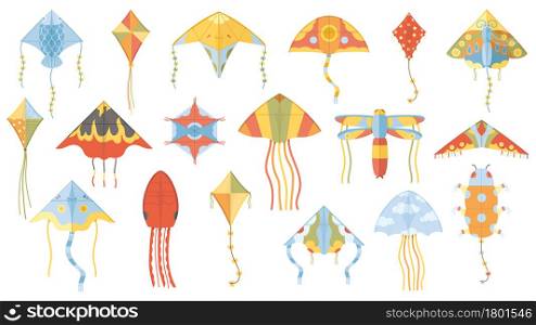 Cartoon summer outdoor activity flying paper kites. Children kite games paper toy isolated vector illustration set. Wind flying kids kite toys of different forms as dragonfly, fish, butterfly. Cartoon summer outdoor activity flying paper kites. Children kite games paper toy isolated vector illustration set. Wind flying kids kite toys