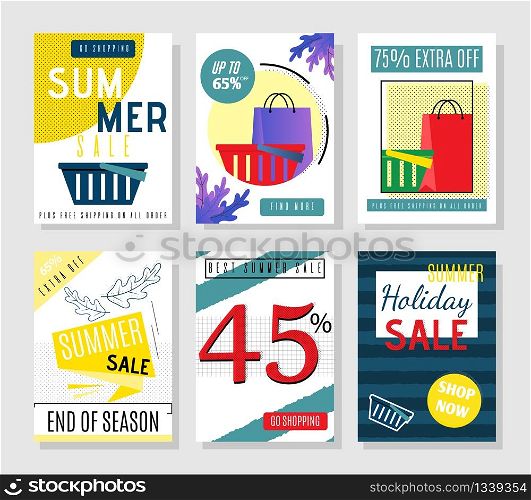 Cartoon Summer Sales Cards and Discount Flyers for Holiday Set in Different Composition and Design. Ad Covers for Online Shop. Print Promo Vouchers and Coupons for Store. Vector Flat Illustration. Cartoon Summer Sales Cards and Discount Flyers Set