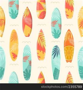 Cartoon summer seamless pattern with surfboard and tropical leaves. Sea surfing boards on waves. Beach vacation travel, surf vector print. Hawaiian textile design, summertime fabric. Cartoon summer seamless pattern with surfboard and tropical leaves. Sea surfing boards on waves. Beach vacation travel, surf vector print