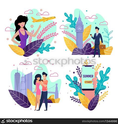 Cartoon Summer Travel Pages for Mobile Application. Tour Agency Service Offering Online Booking Tickets on Business Trip and Honeymoon Voyage. Vector Flat Illustration with Happy People. Cartoon Summer Travel Pages for Mobile Application