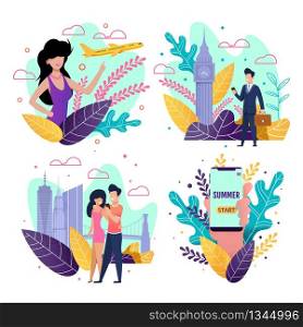 Cartoon Summer Travel Pages for Mobile Application. Tour Agency Service Offering Online Booking Tickets on Business Trip and Honeymoon Voyage. Vector Flat Illustration with Happy People. Cartoon Summer Travel Pages for Mobile Application