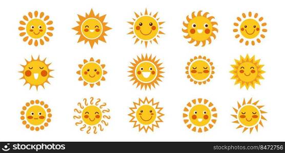 Cartoon sun characters. Cute baby sun mascot clipart collection with funny faces. Vector set drawing design fun character sun. Cartoon sun characters. Cute baby sun mascot clipart collection with funny faces. Vector set