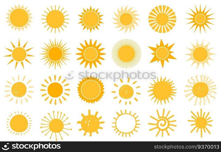 Cartoon sun icon. Flat and hand drawn summer symbols. Sunshine shape logo. Morning sun silhouettes and sunny day weather elements vector set. Bright orange sunlight with beams and rays. Cartoon sun icon. Flat and hand drawn summer symbols. Sunshine shape logo. Morning sun silhouettes and sunny day weather elements vector set