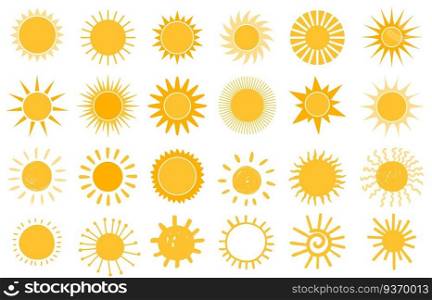 Cartoon sun icon. Flat and hand drawn summer symbols. Sunshine shape logo. Morning sun silhouettes and sunny day weather elements vector set. Bright orange sunlight with beams and rays. Cartoon sun icon. Flat and hand drawn summer symbols. Sunshine shape logo. Morning sun silhouettes and sunny day weather elements vector set