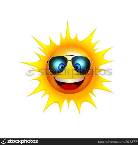 Cartoon sun smiling with trend sunglasses. Emoticon smiling. Vector 3d illustration