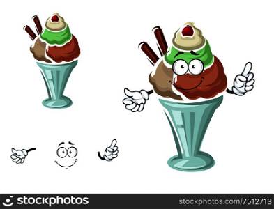Cartoon sundae ice cream character with chocolate, vanilla, caramel and mint flavored scoops, topped by cherry fruit and waffle rolls. For dessert menu. Sundae ice cream with cherry and waffle