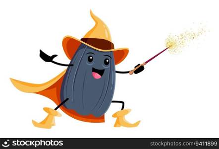 Cartoon sunflower seed wizard, witch and mage character with a wand using magic. Vector whimsical magician or sorcerer Halloween personage for children book, game, menu or promotion of healthy eating. Cartoon sunflower seed wizard, witch and mage