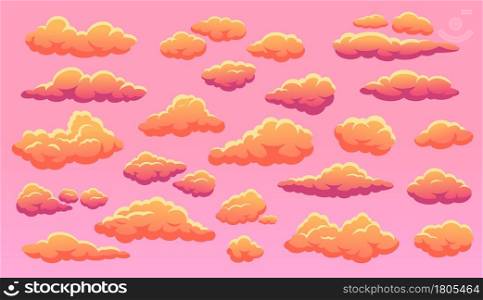 Cartoon sunset cloud, fluffy orange clouds in sky. Cute pink cloudy skies, heaven sundown cloudscape with cloud shapes vector set. Evening heaven cloudscape with fluffy cumulus on pink. Cartoon sunset cloud, fluffy orange clouds in sky. Cute pink cloudy skies, heaven sundown cloudscape with cloud shapes vector set