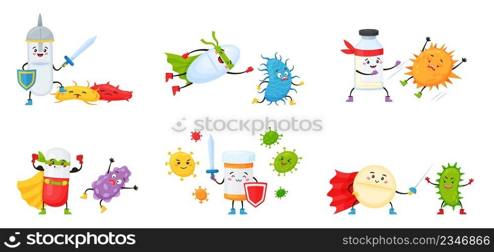 Cartoon superhero antibiotic pills fighting viruses and bacteria. Pill character with shield fight against virus, medicine mascots vector set. Medicine struggling with disease and infection. Cartoon superhero antibiotic pills fighting viruses and bacteria. Pill character with shield fight against virus, medicine mascots vector set