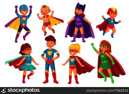Cartoon superhero kids characters. Joyful kid wearing super hero costume with mask comic glasses and cloak for brave recreation. Children superheroes cute flying costumes colorful isolated vector set. Cartoon superhero kids characters. Joyful kid wearing super hero costume with mask and cloak. Children superheroes isolated vector set