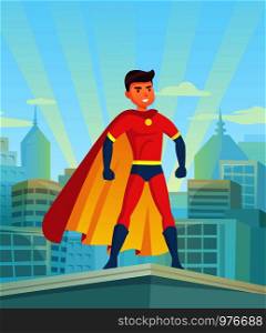 Cartoon superhero watching city. Comic powerful man, hero in super suit with cloak cape on town cityscape superman justice protector muscular macho silhouette for comics book vector illustration. Cartoon superhero watching city. Comic powerful man, hero in super suit with cloak on town cityscape vector illustration