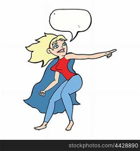 cartoon superhero woman pointing with speech bubble