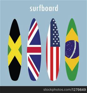 Cartoon surfboards with flags design, flat vector illustration