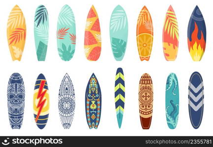 Cartoon surfing board with summer design and ethnic pattern. Surfboard with tropical leaf print, flame and lightning. Surf boards vector set. Sport leisure activity, holiday equipment. Cartoon surfing board with summer design and ethnic pattern. Surfboard with tropical leaf print, flame and lightning. Surf boards vector set