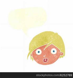 cartoon surprised female face with speech bubble