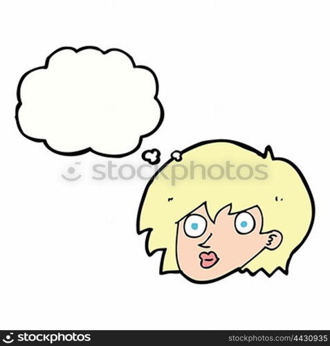 cartoon surprised female face with thought bubble