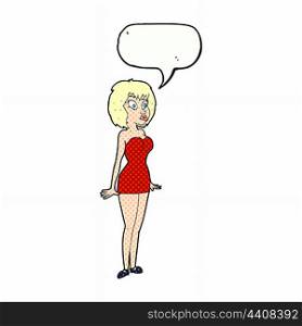 cartoon surprised woman in short dress with speech bubble