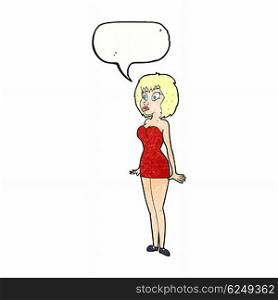 cartoon surprised woman in short dress with speech bubble