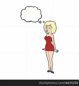 cartoon surprised woman in short dress with thought bubble