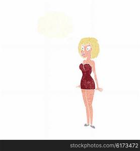 cartoon surprised woman in short dress with thought bubble