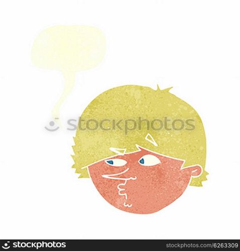 cartoon suspicious man with speech bubble