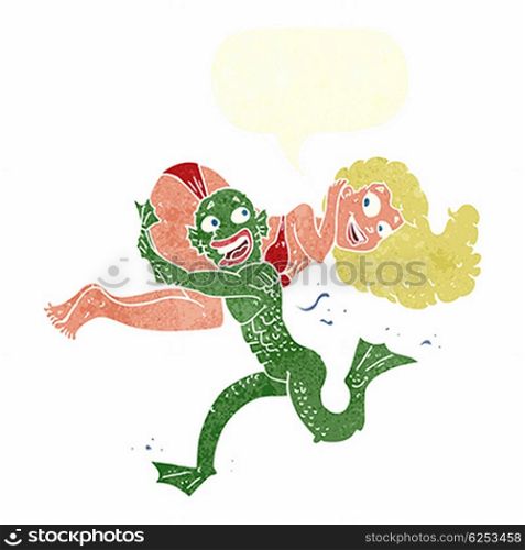 cartoon swamp monster carrying girl in bikini with speech bubble