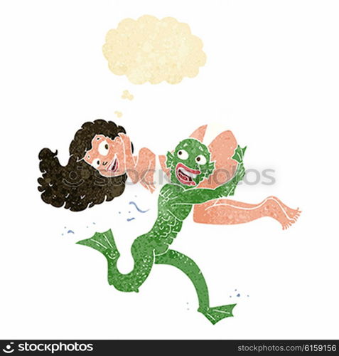 cartoon swamp monster carrying girl in bikini with thought bubble