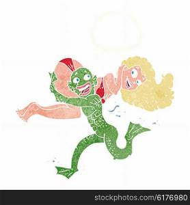 cartoon swamp monster carrying girl in bikini with thought bubble