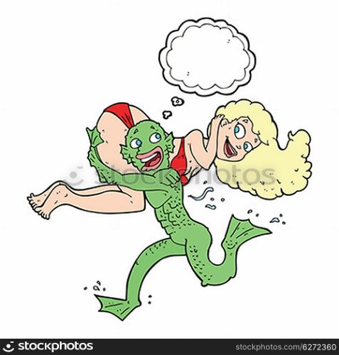 cartoon swamp monster carrying girl in bikini with thought bubble