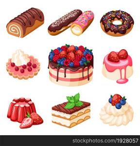 Cartoon sweet cakes. 3d fruit cake, isolated fresh cupcake. Birthday dessert, creamy muffin and bakery. Cafe or cafeteria garish vector objects. Illustration of cake food, dessert sweet. Cartoon sweet cakes. 3d fruit cake, isolated fresh cupcake. Birthday dessert, creamy muffin and bakery. Cafe or cafeteria garish vector objects