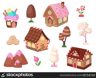 Cartoon sweet element. Candy cupcake house, dessert tree and flowers. Chocolate and ginger cookies home, garish game fantasy vector clipart. Illustration of sweet cake and lollipop. Cartoon sweet element. Candy cupcake house, dessert tree and flowers. Chocolate and ginger cookies home, garish game fantasy vector clipart