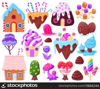 Cartoon sweet fantasy gingerbread houses and caramel trees. Fairy tale sweet candy land, biscuit houses, lollipop vector illustration set. Candy land elements. Cartoon food sweet cake, sugar candy. Cartoon sweet fantasy gingerbread houses and caramel trees. Fairy tale sweet candy land elements, biscuit houses, lollipop plants vector illustration set. Candy land elements