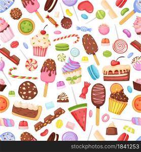 Cartoon sweets and candies, delicious desserts seamless pattern. Cupcake, chocolate, lollipop, ice cream. Bakery and confectionery background. Tasty cakes and sweets for fabric or textile. Cartoon sweets and candies, delicious desserts seamless pattern. Cupcake, chocolate, lollipop, ice cream. Bakery and confectionery background