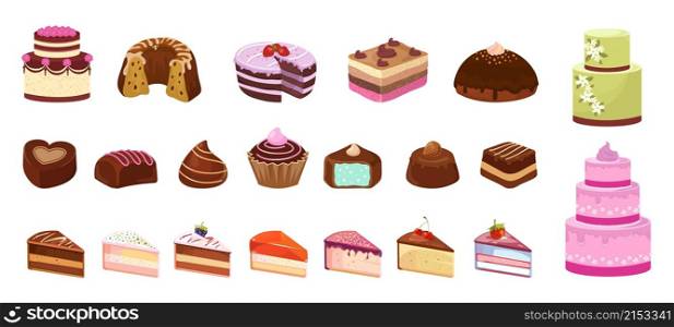 Cartoon sweets. Cake candy chocolate biscuit. Isolated pieces of birthday cakes. Dessert icons, breakfast in cafe or sweet shop vector. Dessert food sweet, cake chocolate and candy illustration. Cartoon sweets. Cake candy chocolate biscuit. Isolated pieces of birthday cakes. Dessert isometric icons, colorful breakfast in cafe or sweet shop vector elements