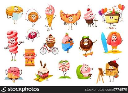 Cartoon sweets, candy, dessert, cookie and bakery characters. Vector pancake and ice cream, croissant, muffin and pie, pudding, caramel, meringue, waffle, donut and macaroon, cupcake and toffee. Cartoon sweets, candies, desserts, cookies, bakery