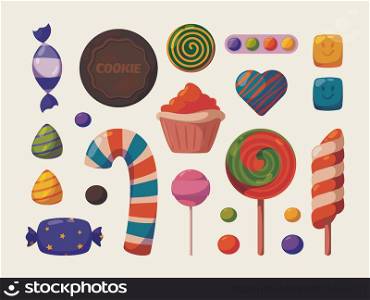 Cartoon sweets. Cookies lollipop and colored glass sugar chocolate candies garish vector set isolated. Illustration of lollipop and sweet dessert. Cartoon sweets. Cookies lollipop and colored glass sugar chocolate candies garish vector set isolated