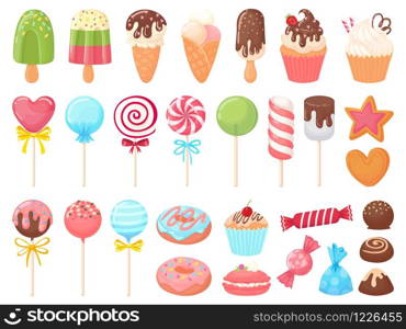 Cartoon sweets. Sweet ice cream, cupcakes and chocolate candies. Delicious donut, cookies and candy on stick vector illustration set. Collection of tasty confections, muffins, ice pops, lollipops.. Cartoon sweets. Sweet ice cream, cupcakes and chocolate candies. Delicious donut, cookies and candy on stick vector illustration set