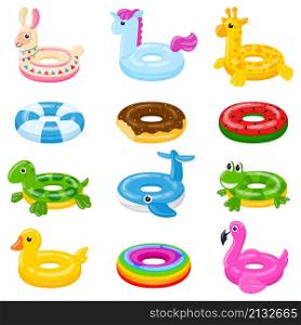 Cartoon swim rings, pool games rubber toys, colorful lifebuoys. Swimming circles, cute pool watermelon, donut and duck toys vector illustration set. Summer swimming lifebuoys. Ring rubber toy for pool. Cartoon swim rings, pool games rubber toys, colorful lifebuoys. Swimming circles, cute pool watermelon, donut and duck toys vector illustration set. Summer swimming lifebuoys