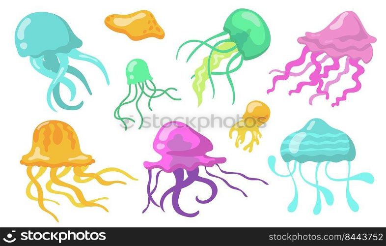 Cartoon swimming jellyfish set. Colorful transparent tropical marine creatures with tentacles. Vector illustrations for sea, ocean, underwater life, danger concept