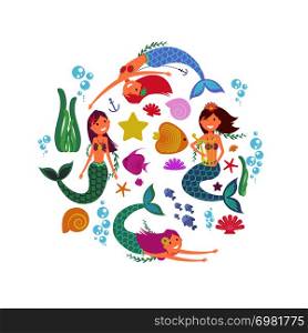 Cartoon swimming mermaids and sea underwater animals vector collection. Cartoon underwater mermaid, fish and sea star illustration. Cartoon swimming mermaids and sea underwater animals vector collection