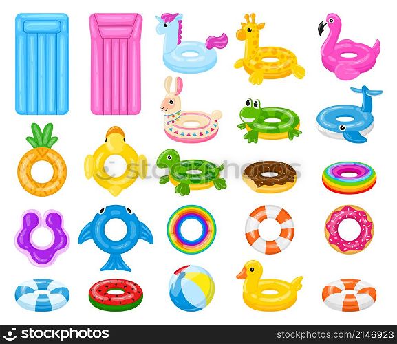 Cartoon swimming, pool or beach water rubber ball and mattress. Summer water toys, pool lifebuoys vector illustration set. Inflatable rubber pool equipment. Illustration of circle swim realistic. Cartoon swimming circles, pool or beach water rubber ball and mattress. Summer water toys, pool games lifebuoys vector illustration set. Inflatable rubber pool equipment