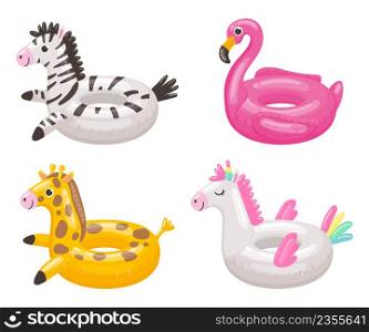 Cartoon swimming ring. Rubber inflatable toy of different shapes as zebra, flamingo, giraffe and unicorn. Pool accessory for swimming and relaxing. Equipment for water floating vector set. Cartoon swimming ring. Rubber inflatable toy of different shapes as zebra, flamingo, giraffe and unicorn