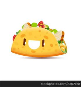 Cartoon tacos kawaii character, funny vector tex mex fast food personage. Mexican meal filled with lettuce, chicken and vegetables. Snack with happy eyes and smiling face for kids menu, takeaway dish. Cartoon tacos kawaii character, vector tex mex
