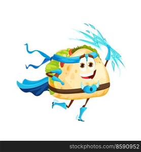 Cartoon tacos superhero character with thunderbolts in hand. Funny vector powerful super hero tex mex personage in cape, boots, gloves and bandana holding blue lightnings, isolated fairy tale food. Cartoon tacos superhero character with thunderbolt