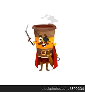 Cartoon takeaway coffee pirate character. Vector cup of hot drink corsair menu personage. Carton mug wear cape, shoulder straps, hook and eye patch holding gun. Funny filibuster beverage character. Cartoon takeaway coffee pirate character, hot cup