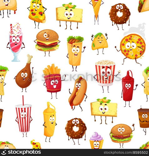 Cartoon takeaway fast food characters seamless pattern. Vector fast food restaurant menu background with funny hamburger, pizza, hot dog and coffee, chicken leg, donut, soda, ice cream and popcorn. Cartoon takeaway fast food characters pattern
