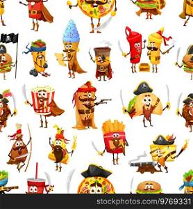 Cartoon takeaway fast food pirates and corsairs seamless pattern. Takeaway meals filibuster characters fabric print with hotdog, tacos and popcorn, ice cream, pizza and hamburger vector personages. Cartoon fast food meals pirates seamless pattern