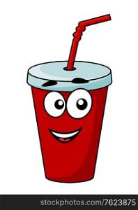 Cartoon takeaway soda drink in a covered cup with a straw with a happy smiling face isolated on white