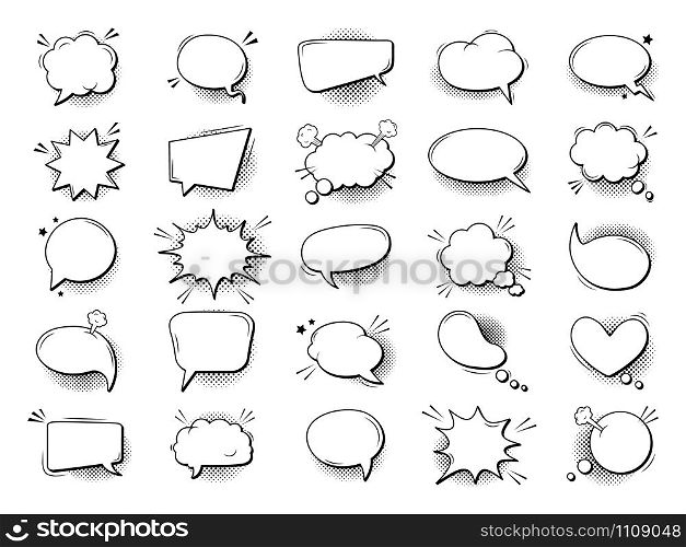 Cartoon talk bubble in comic style. Comic book graphic art speech clouds, thinking bubbles and conversation text elements vector illustration set. Empty speech and thought bubbles in different shapes. Cartoon talk bubble in comic style. Comic book graphic art speech clouds, thinking bubbles and conversation text elements vector illustration set. Collection of blank dialogue balloons
